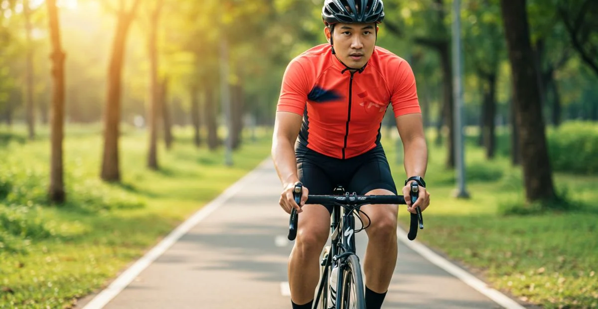 A cyclist in a bright orange jersey rides a road bike along a sunny pathway, surrounded by lush green trees.