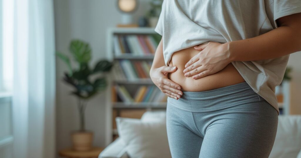 a woman holding her belly possibly indicating bloating or belly fat