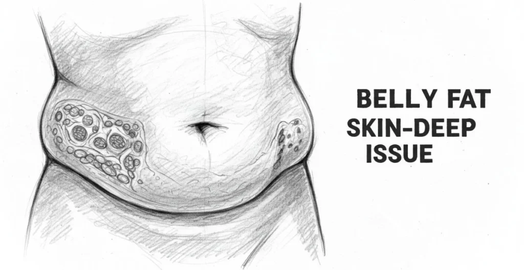 Sketch of a torso showing belly fat with an anatomical view of fat cells on the left. Text reads "Belly Fat Skin-Deep Issue" on the right.