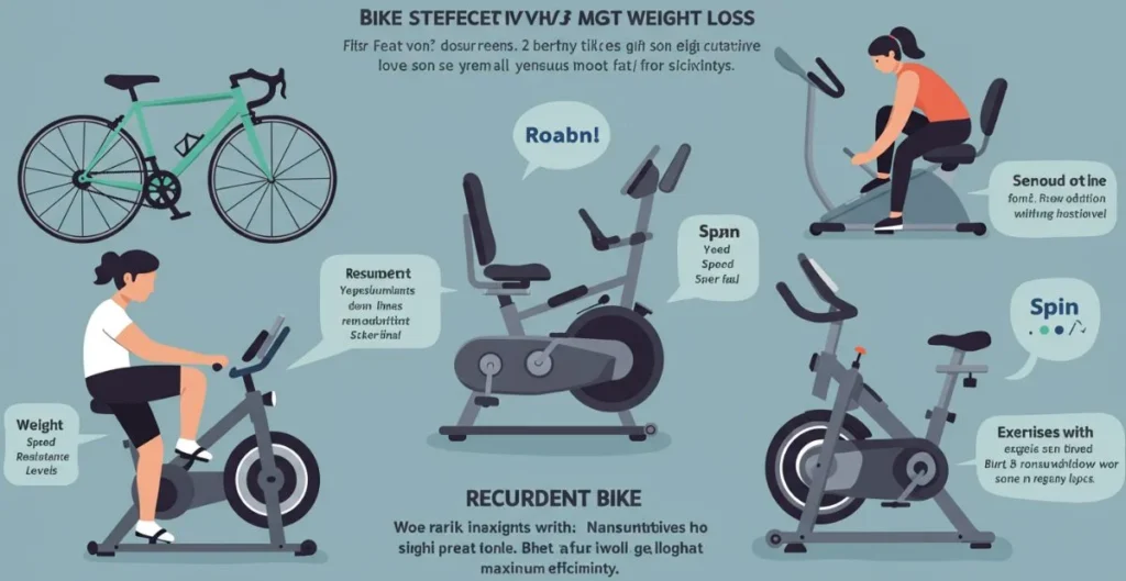 Illustration of various exercise bikes and cyclists with nonsensical text. Includes road bike, recumbent bike, and upright bikes on a blue background.