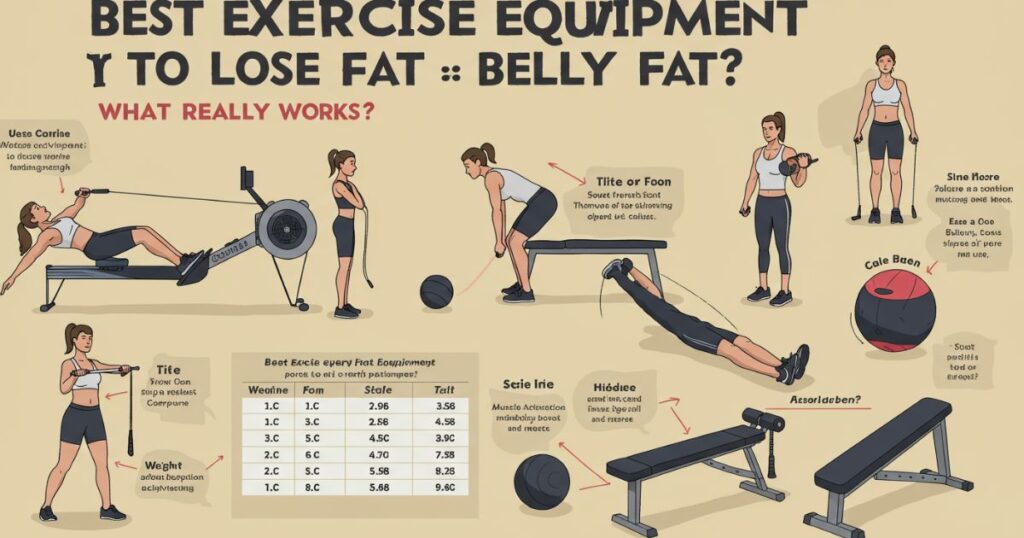 A selection of exercise equipment ideal for losing belly fat, including weights, mats, and resistance bands.