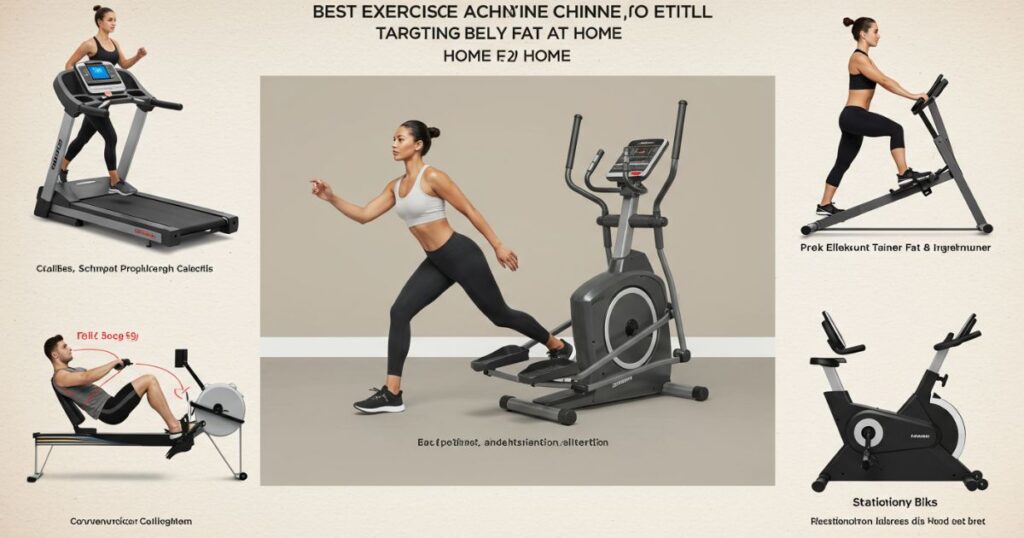 A fitness guide illustrating various home exercise equipment aimed at targeting belly fat, featuring a treadmill, elliptical, rower, and stationary bike.
