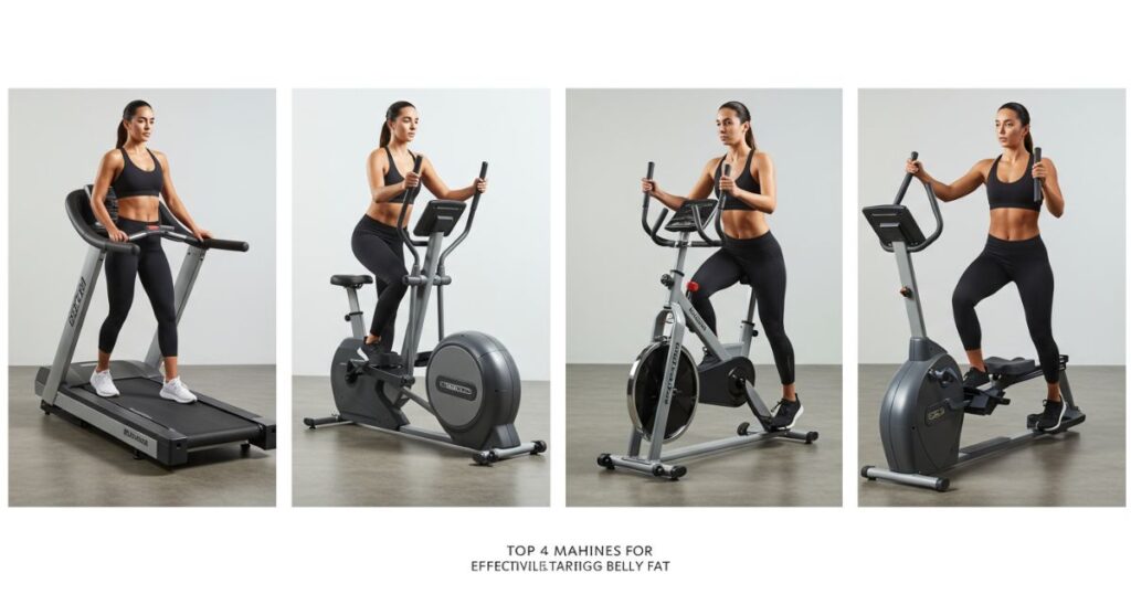 Four women exercise on different cardio machines: treadmill, stationary bike, spin bike, and elliptical, each wearing black athletic wear in a gym setting.
