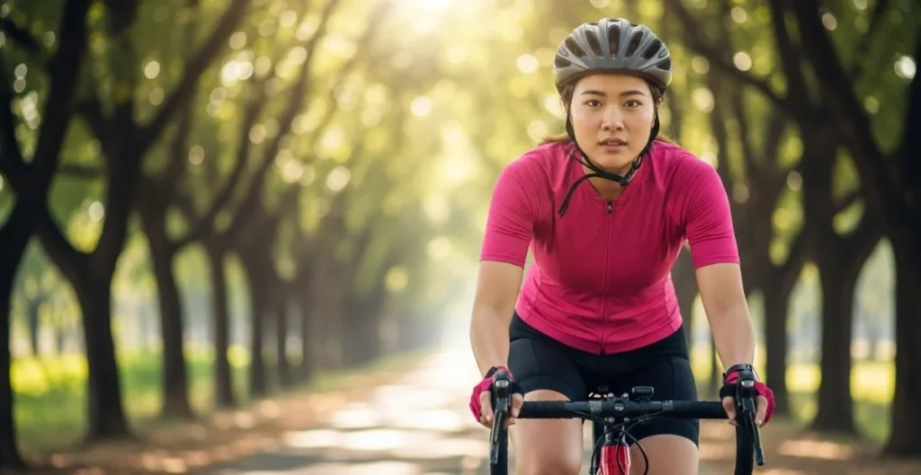 A focused cyclist in a pink jersey rides along a sunlit tree-lined path. The scene conveys determination and tranquility amidst nature.