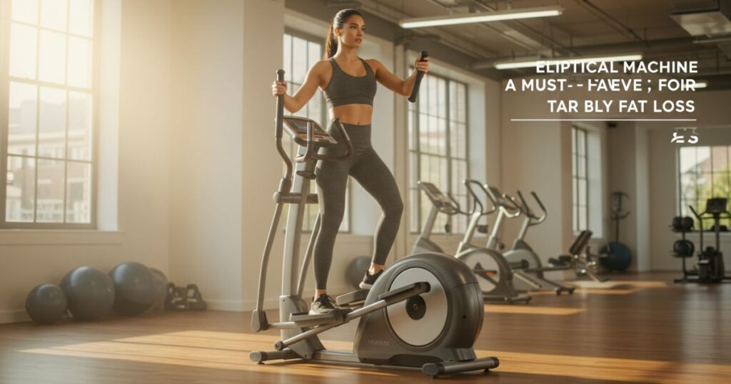 A woman exercises on an elliptical machine in a bright gym, surrounded by workout equipment and fitness balls.