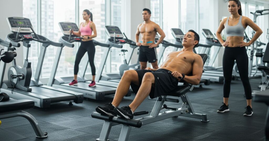 . A gym scene featuring a man on a machine, surrounded by others participating in different fitness activities.