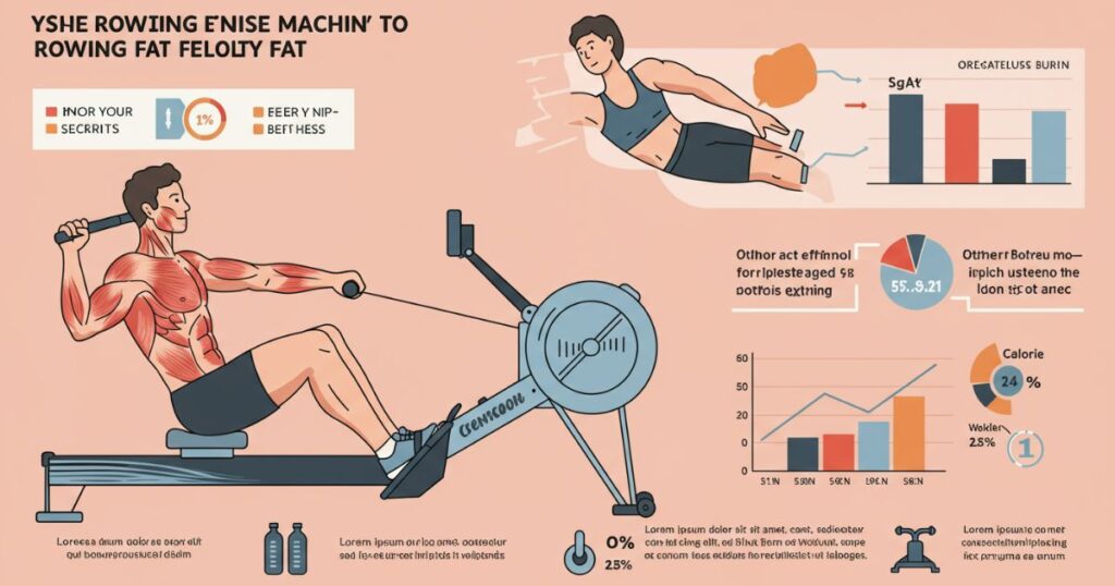 Illustration of a person using a rowing machine with labeled muscle groups, graphs, and facts about calories burned and muscle engagement during rowing exercise.