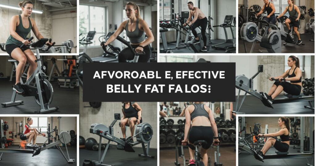 many girl and men using gym equipment like exercise bikes and rowing machines, set in a bright, modern gym.