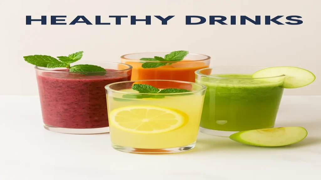 Healthy tummy fat loss drinks in clear glasses with mint and fruit ingredients