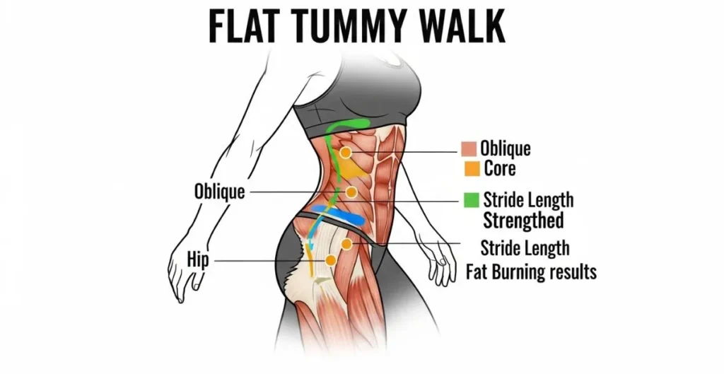 Illustration of a fit woman's torso with labeled muscles: obliques, core, and hips. Arrows indicate stride length and strength for fat burning.
