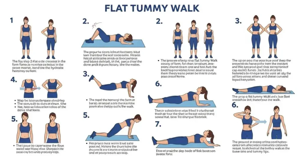 Illustration titled "Flat Tummy Walk" with exercise steps. Seven panels show a woman in workout attire demonstrating exercises on a mat, surrounded by text.