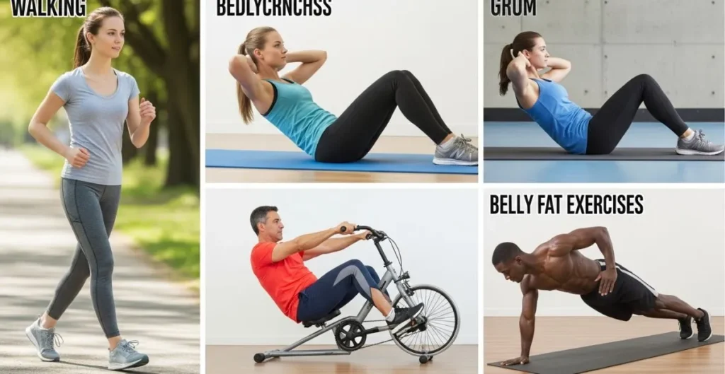 Collage of four exercise images: woman walking, woman doing crunches on a mat, man using a rowing machine, and man holding a plank, labeled "Belly Fat Exercises."