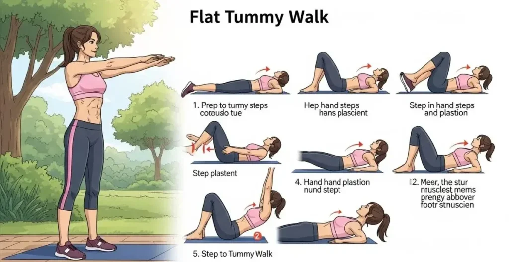 A woman in workout attire demonstrates a five-step flat tummy walk exercise on a mat, with illustrated instructions and numbered positions for each step.