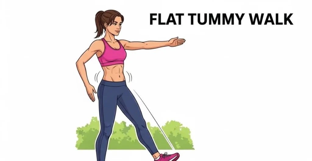 Illustration of a person walking with one arm forward, labeled "Flat Tummy Walk." They're wearing a pink top and blue leggings, suggesting a fitness context.