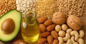 Assorted healthy fats and grains including avocado, nuts, oil, and cereals.
