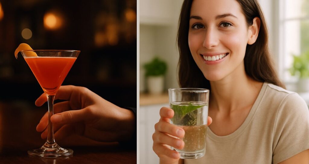 a-women-drinking-alcohol-one-side-of-pic-and-other-side-is-healthy-drink-for-belly-fat
